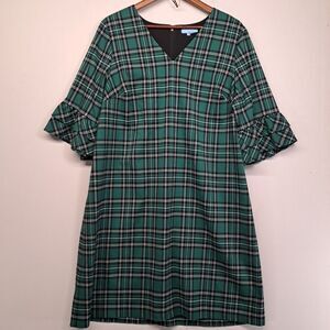 Draper James Green Plaid V-Neck Ruffle Sleeve Shift Dress Women's Size 16